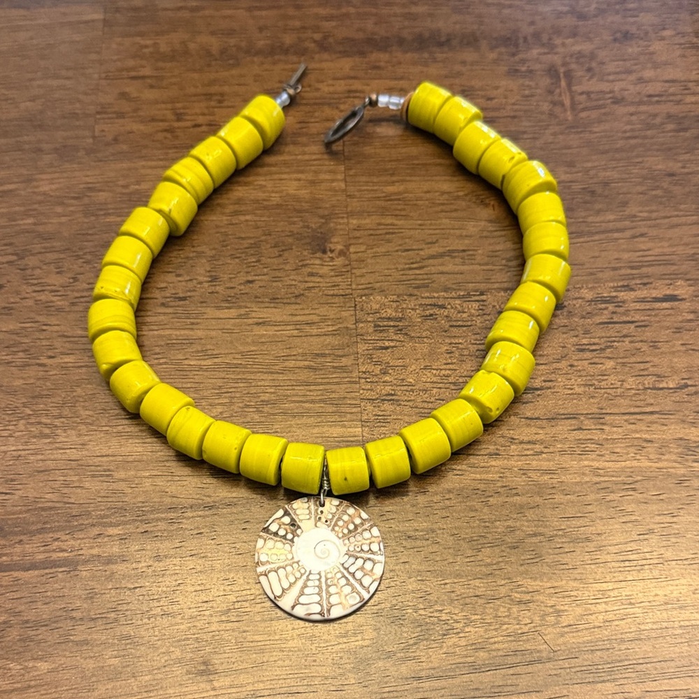 Sunburst Yellow Beaded Necklace with Silver Medallion brand Twine and twig